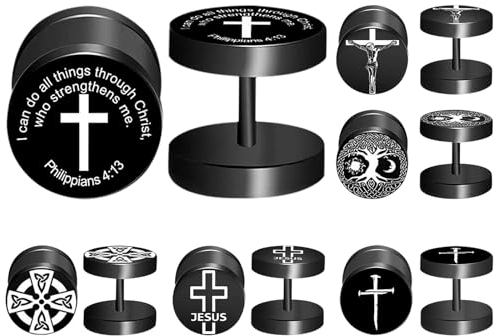 JewelryWe 6 Paar Ohrstecker Fake Plugs: 10mm Schwarz Lebensbaum Bibel Gebet Jesus Keltisch Knoten Nagel Kreuz Tunnel Ohrringe Edelstahl Fakeplug Ohrschmuck für Herren Damen