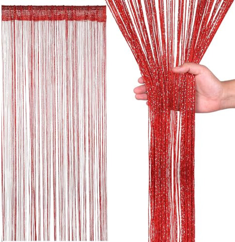 XUZWECP Tenda filettata Pannellatura per porta Finestra Partizione domestica Patio Arredamento camera da letto Tenda con nappa, Decorazione con nappa argento Matrimonio Caffetteria Ristorante, Rosso