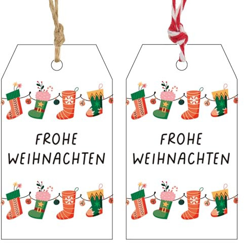 G2PLUS Frohe Weihnachten Geschenkanhänger Weiß, Weihnachtsstrümpfen Anhänger Frohe Weihnachten, 7x4cm Papier Weihnachtsanhänger, 100 Stück Weihnachtliche Etiketten für Weihnachten Adventskalende Deko