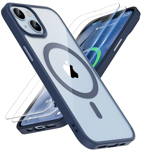 ORETECH for iPhone 13 Case, iPhone 14 Clear Case Magnetic Compatible with Magsafe and 2 x Screen Protector Anti Yellowing Ultra Slim Thin Shockproof Clear Back Phone Case Cover 6.1'' - Navy Blue