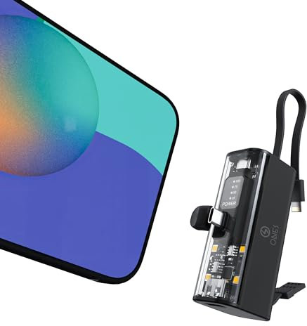 ONES Power Bank, 5000mAh Powerbank Klein Portable Ladegerät Externe Handyakkus with LED Display, Kompatibel mit iPhone 16 15 14 13 12 11 Samsung und mehr, USB-C-Stecker & Lighting-Kabel, Schwarz