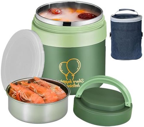 KBIBCK Contenitore Termico per Alimenti, 1500ml Thermos Alimenti Caldi in Acciaio Inox, Portavivande Termico con Cucchiai, Forchette e Borsa Isolante, per Zuppa, Cereali, Stufato