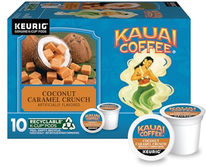 Kauai Coffee K-Cup Pods – Coco Caramel Crunch, 10 dosettes K-Cup | Café arabica à torréfaction moyenne, 10 % hawaïen, pour brasseurs Keurig, portion unique, caramel aux noix de coco tropicale