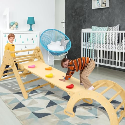 UISEBRT Juego de Estructura de Escalada 3 en 1 para niños, triángulo de Escalada con tobogán, Arco de Escalada y Escalera, Parque Infantil de Madera para Interiores y Exteriores, para