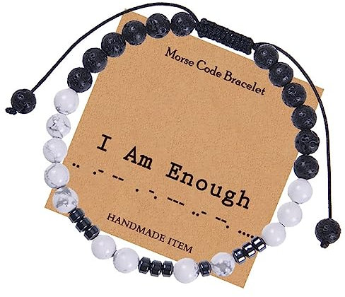 Tolldek 6mm Naturstein Armband, Morsecode I Am Enough Damen & Herren Armband, Echten Natursteinen Stretch Perlen Armbänder Tolle Geschenkidee, 30CM, Schwarz Weiß