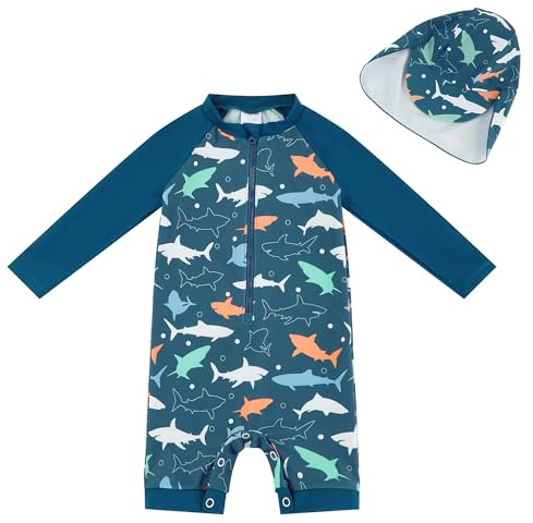 UMELOK Baby Badeanzug mit Sonnenhut UV Schutz Schwimmanzug für Baby Junge Schwarm Haie 80