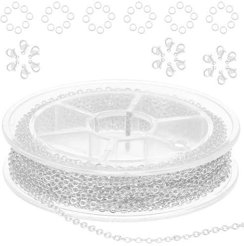 COMNICO 10 m Edelstahl Schmuckkette 1.5 mm Gliederkette Halsketten mit 20 Karabinerverschluss und 50 Sprung Ringe Basteln Zubehör für Schmuckherstellung (Silber)