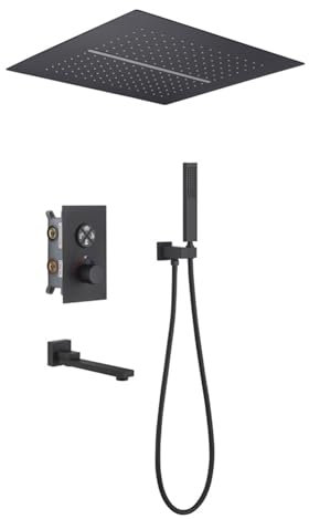 SaryEdge Mezclador De Ducha Termostático Oculto Negro 400 X 400 Mm Grifo Mezclador De Ducha En Cascada con Caño Empotrado Montado En El Techo, 3 Vías(Tres Funciones-Tres Funciones