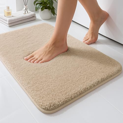 RUN HELIX Mikrofaser Badezimmerteppich，40x60cm Badematte rutschfest，Beige，2cm uper Dicker Badteppich，Super Saugfähig，Waschbar，Badvorleger，Fußmatte, Haustiermatte