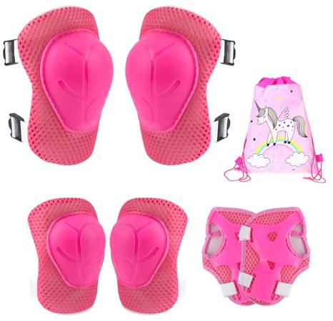 GWAWG Set di 6 ginocchiere rosa per bambini, protezioni per polsi, gomiti, con borsa con coulisse a forma di unicorno, attrezzatura regolabile, per pattini a rotelle, scooter, pattinaggio,