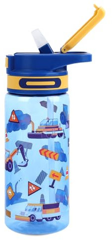 Queenshin Trinkflasche Kinder,650ml Kinder Wasserflaschen mit Strohhalm,Auslaufsichere,BPA-freie,Deckel mit Einem Klick Öffnen,Langlebig,Blaues Ingenieurfahrzeug,Tragbar für Schule Sport und Reisen