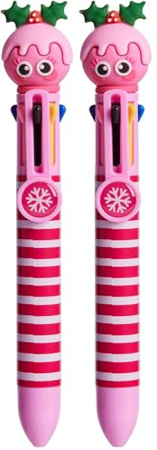 Tinc Novelty Christmas Pudding 6-in-1 Retractable Ballpoint Pen - Pink Cute Pen (Pack of 2)