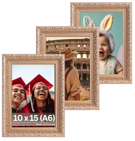 VictoR Vintage Bilderrahmen „Rubens“ 3er Set in 10x15 cm (A6) Rose Gold - Leiste: 30x20mm - Echtglas - Fotorahmen Barock - Antik - Bilderrahmen Set A6 Vintage