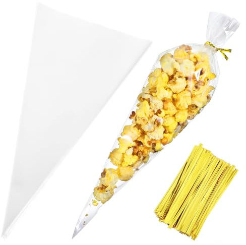 Oruola 100 Stück Transparente Tüten für Süßigkeiten, Spitztüten für Süßigkeiten, Cone Tüten zum Leckereien,Popcorn,Süßigkeitentüte,Partyzubehör,Geschenktüten (16.3 x 30cm)