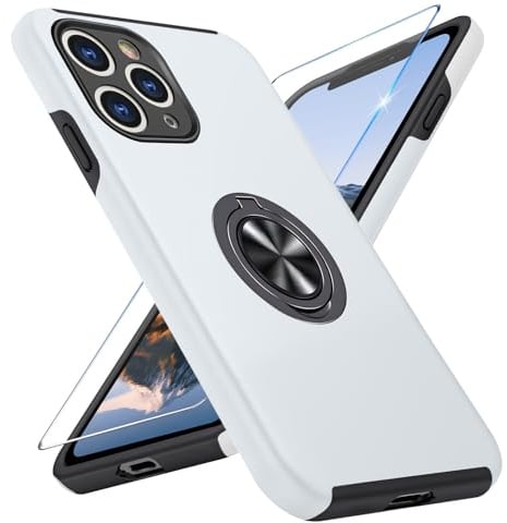 Vaki Handyhülle für iPhone 11 Pro Hülle mit Schutzfolie, Schutzhülle Case mit 360° Magnetischer Ring Ständer Kratzfest Fallfestigkeit Stoßfest für iPhone 11 Pro Cover (Silber)