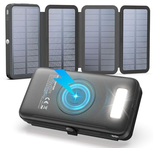 Chargeur Solaire 27000mAh Batterie Externe sans Fil - 22,5W Charge Rapide USB-C Power Bank avec Trois Sorties USB PD 4.0 QC 3.0 et 4 Panneaux Solaires pour Smartphones, Tablettes (Noir)
