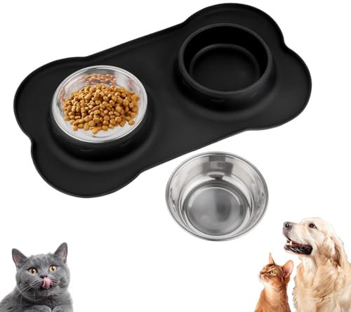Futternapf Hunde Katzen, Fressnapf Hundenapf Kleine Hunde Napfset, Edelstahl Katzenapf Wassernapf Hund mit Nicht Kleckern, mit 1 Hundenapf Unterlage rutschfest Silikon Tablett Matte(36 x 21 cm)