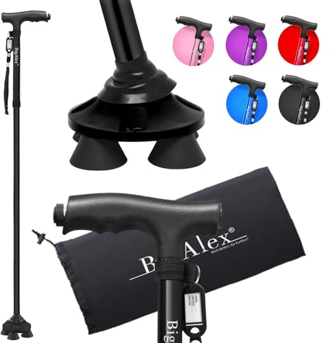 BigAlex Bastone Pieghevole con Luce LED, Bastone da Passeggio Regolabile con Manico Ergonomico, Leggero e Compatto per Uomo Donna e Base Quadrata Antiscivolo per Anziani
