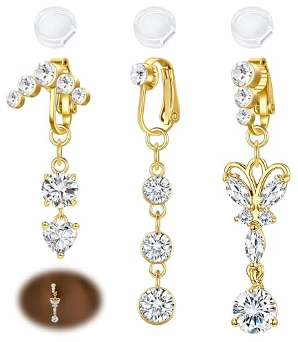AVYRING Lot de 3 faux anneaux de nombril à clipser, bijoux de ventre réglables sans piercing pour femme, papillon, cœur avec CZ, acier inoxydable argenté/doré