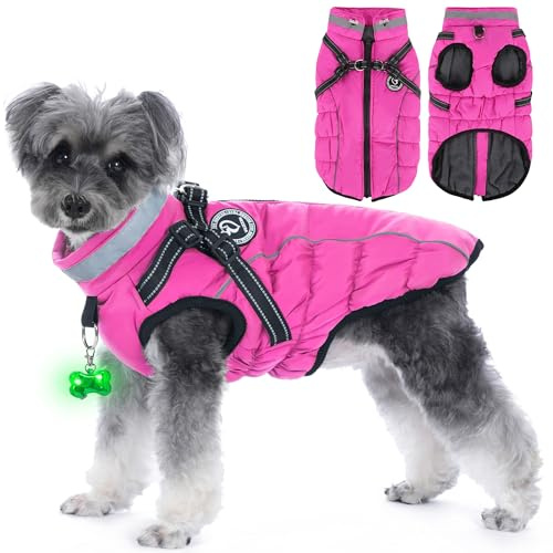 HezzLuv Hundemantel Winter, Hundemantel Wasserdicht, Warme Hundejacke mit Geschirr, Reflektierende Streifen, LED-Leuchtkragen, Winterjacken & Wintermäntel für Kleine, Mittelgroße Hunde, Rosa, L