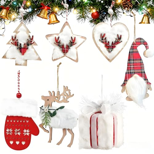 7 piezas Decoraciones para árbol de Navidad Juego de decoración, Accesorios de Navidad, Colgante de peluche, caja de regalo, adornos de árbol