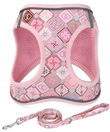 Mihqy Hundegeschirr Kleine Hunde mit Leine, Step-in Geschirr aus Air Mesh, Anti Zug Reflektierend Atmungsaktiv Brustgeschirr, Welpengeschirr für kleine mittelgroße Hunde(Pink Grid-M)