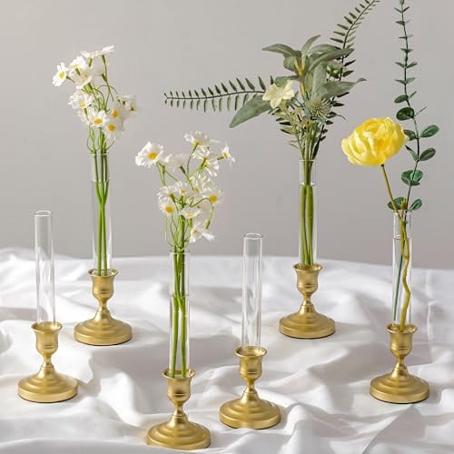 Inweder Reagenzgläser Vase mit Gold Kerzenhalter für Tischdeko, 6 Stück | 2-in-1 Design, mit Silikonhülle, für Hydrokultur/Einzelne Blumen, Kleine Blumenvase für Hochzeit Jahrestag Geburtstag Party