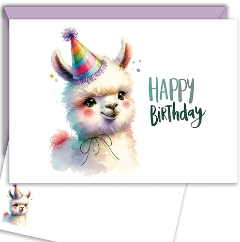 E&G Klasse Tier Aqaurell Geburtstagskarte Glückwunschkarte Postkarte mit Lila Umschlag Süßen Tieren mit Happy Birthday bedruckt (Lama)