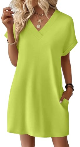 Robe Femme Ete Couleur Pure Col en V Manche Courte - Vetement Femme Robe Décontractée Ample, Robes Chic Mode Dress for Women Legere Respirante