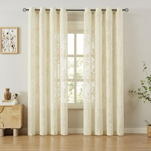 Treatmentex Beige Gardine mit Blattmuster Esszimmer Vorhänge Transparent | 2er Set, H245 x B140 cm, Voile Gardinen, Gardinen mit Ösen, für Schienensystem, für Schlafzimmer Kinderzimmer Büro
