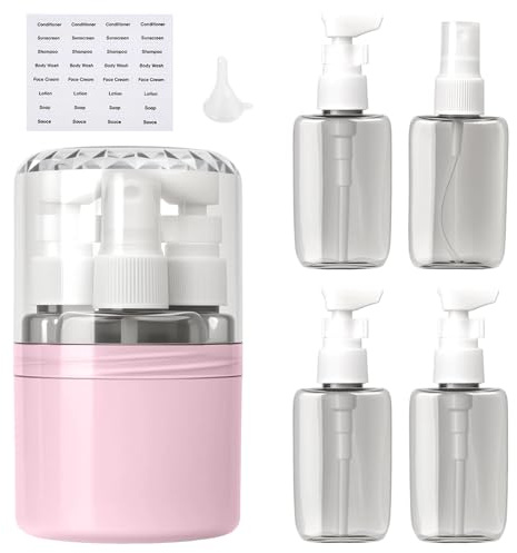 WANGYZJ 4 in 1 Travel Dispenser Bottle, 4-in-1 Refillable Travel Dispenser Bottles With Tags And Funnels, BPA-Free PET, Clear with Scale, Portable 4 in 1 Travel Bottles for Toiletries (50ml) (Pink)