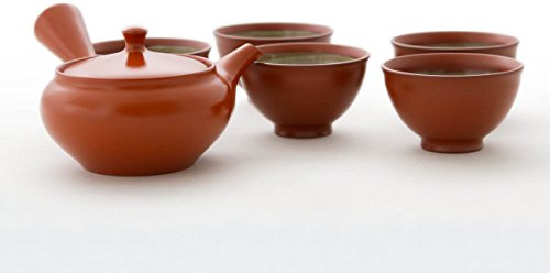 Original japanische Teekanne, Kyusu, mit 5 Becher: Shu Hiramaru. Integriertes Tee-Sieb aus Edelstahl. Echt japanisches Tee-Set aus natürlichem Tokoname-Ton in schöner Geschenk-Box