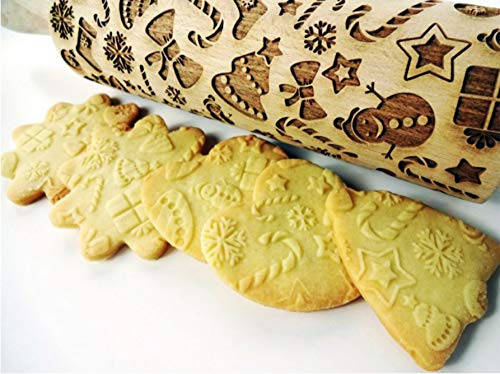 Nudelholz mit Muster Weihnachten Backen - Teigroller Holz für DIY Weihnachten Plätzchen - Graviert Plätzchenrolle mit Motiv - 3D Plätzchen Roller WEIHNACHTSGESCHENKE von Algis Crafts