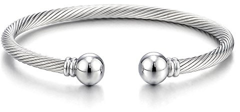 COOLSTEELANDBEYOND Women's Stainless Steel Twisted Cable Bangle with Polished Ball End Caps, Elegant Open Cuff Bracelet, Stackable Jewelry Gift
