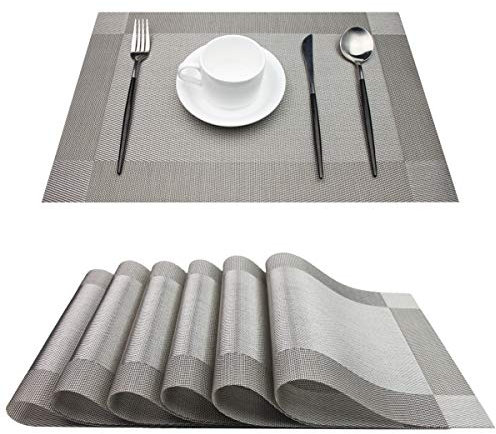 PIGCHCY Placemats, Heat-Resistant Non Slip Table Mats Woven Vinyl for Dining Table Set of 6 (Grey Silver)