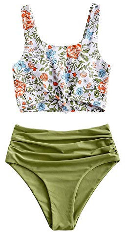 ZAFUL - Tankini da donna in due pezzi, bikini imbottito con motivo floreale, con lacci, slip a vita alta, M