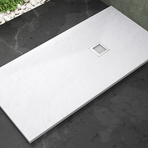 Plato de ducha Stone Coat - Carga Mineral con Resina recubierto de Gel Coat Válvula y Rejilla incluido. (70 x 110 cm, Blanco)