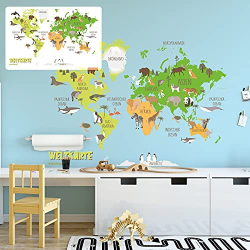 Wandtattoo Wandaufkleber Weltkarte Bunt Landkarte Karte Tierwelt