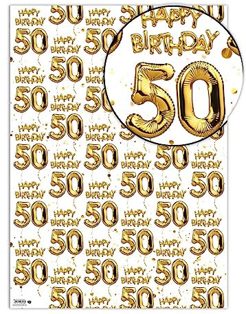 Brainbox Candy - 2 Bögen lustiges Geschenkpapier zum 50. Geburtstag – Weißgold-Ballonfolie – fünfzig Geschenkpapier für Sie und Ihn, Männer, Frauen, 50. Geburtstag – gefaltete Qualitätsfolie