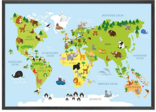 kizibi® Weltkarte mit Rahmen Schwarz, Kinderzimmer Poster, Wanddeko Poster für Mädchen und Jungen, DIN A2 Wanddeko Kontinente zum Lernen, Lernposter Weltkarte auf deutsch, Vorschule, Grundschule