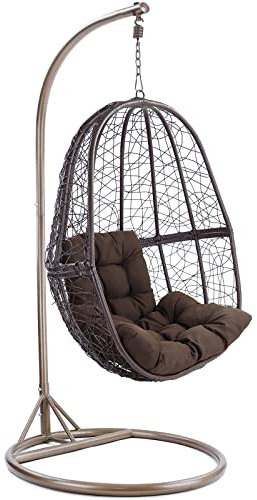 RAMROXX Luxus Hängesessel Fun XL Polyrattan Korb braun Gestell braun Kissen Dunkelbraun