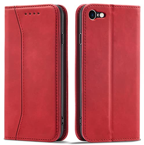 OKZone Kompatibel mit iPhone SE 2020/iPhone 8/iPhone 7 (4,7 Zoll) Hülle, Magnet Leder Tasche Handyhülle, Kartenfächer Schutzhülle, [Premium PU Leder] Flip Klappbare Magnetische Standfunktion (Rot)