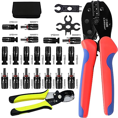 Solar Crimpzange Werkzeug Set für 2.5/4/6 mm² Solarpanel PV Kabel, 10-Paar Solarstecker + 2 Schraubenschlüssel + Gelbe Multifunktional Abisolierer + Crimpwerkzeug für Solarkabel + Werkzeugtasche