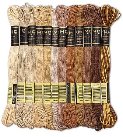UMC STAG 12 pezzi di filo da ricamo marrone di alta qualità, matassine di cotone egiziano di alta qualità, filo da ricamo per punto croce, cotone intrecciato certificato Oeko TEX (tonalità marroni)