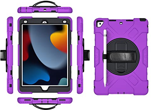 Funda para iPad Pro 11 2018/2020/2021 de generación con Protector de Pantalla, Soporte para lápiz Kickstand 360, Correa de Mano giratoria Kickstand Funda Resistente (Morado)
