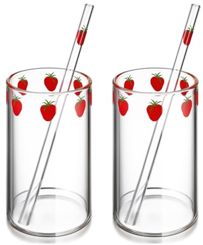 ERINGOGO Set Da 2 Bicchieri Con Cannuccia in Vetro Trasparente 300 Ml | 2 Tazze E 2 Cannucce, Motivo Fragola, Adatto a Latte, , Soda, Limonata E Acqua, Uso Casa E Ufficio