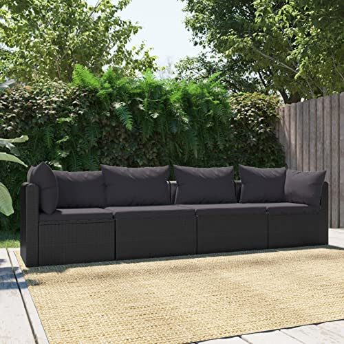 Homgoday Gartensofa 4-TLG. mit Auflagen Sitzgruppe Gartenset Sofagarnitur Gartenmöbel Rattansofa Lounge Ecksofa für Garten Balkon und Terrasse Poly Rattan Schwarz
