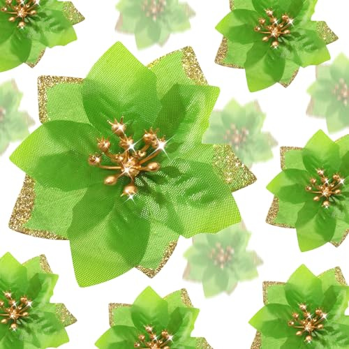 WILLBOND 24 Stück 3 Größen Glitzer Weihnachtsblumen Künstliche Weihnachtsstern Blumen Weihnachtsbaum Blumenschmuck Ornamente für Weihnachtsbaum Neujahr Hochzeit (3,2/4/6 Zoll, Grün)