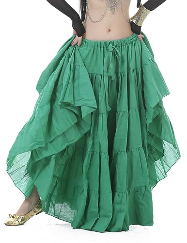 MUZIZY Langer Rock, Bauchtanz-Performance Damen-Tribal-Tanzrock Damen-Bauchtanz-Tribal-Rock Zigeuner-Baumwolle Einfarbig Bauchtanz-Tanzrock,Grün