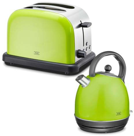 KHG Frühstücksset Wasserkocher & Toaster, Lime-Grün, Kessel-Kocher 1,7 Liter, 360° Sockel, Kalkfilter, Kontrollleuchte, automatische Abschaltung, 6 Röststufen, Aufwärm-, Auftau- & Stop-Taste